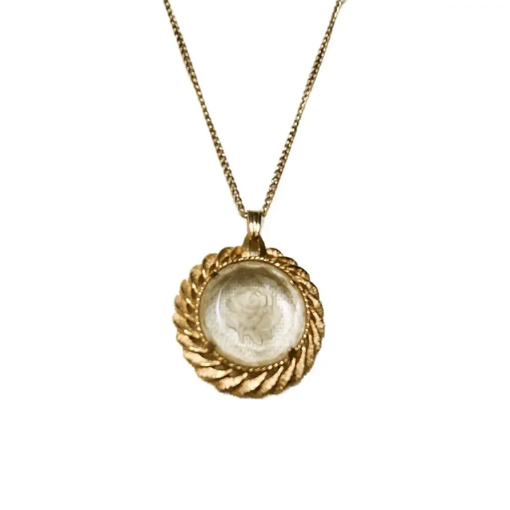 Vintage Reverse Intaglio Rose Pendant Necklace